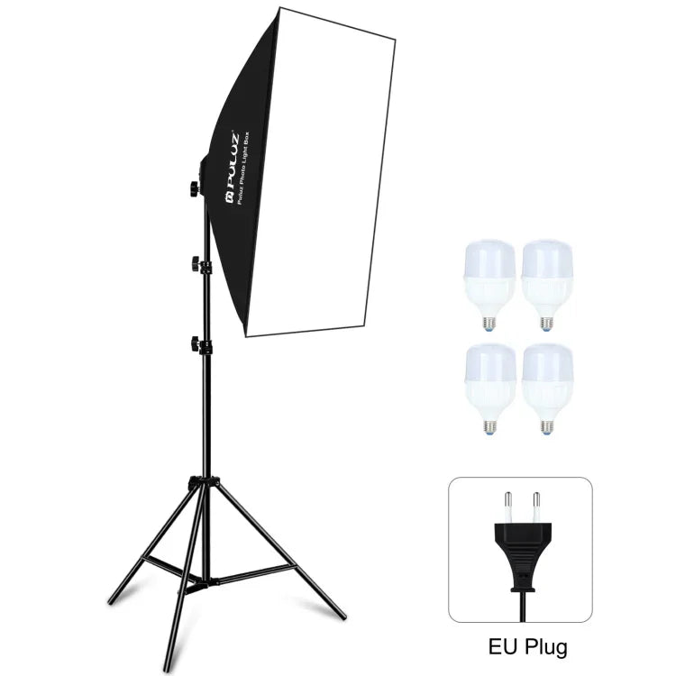 PULUZ 50x70cm スタジオソフトボックス + 2m三脚マウント + 4個 220V E27 20W 5700K 白色LED電球 写真照明キット, 4個電球 EUプラグ, 4個電球 USプラグ
