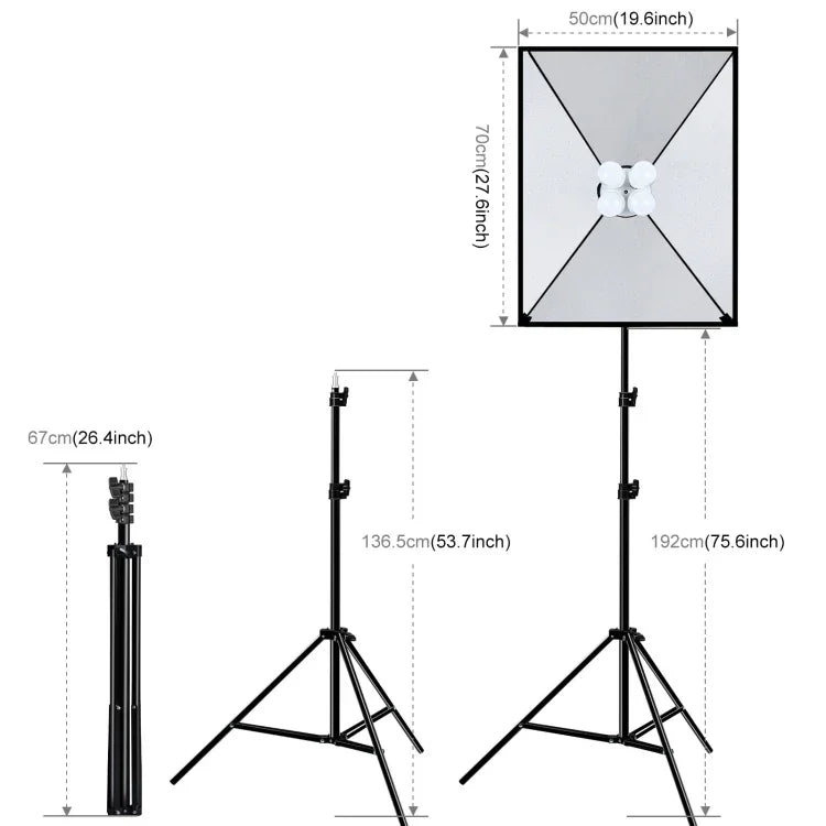 PULUZ 50x70cm スタジオソフトボックス + 2m三脚マウント + 4個 220V E27 20W 5700K 白色LED電球 写真照明キット, 4個電球 EUプラグ, 4個電球 USプラグ