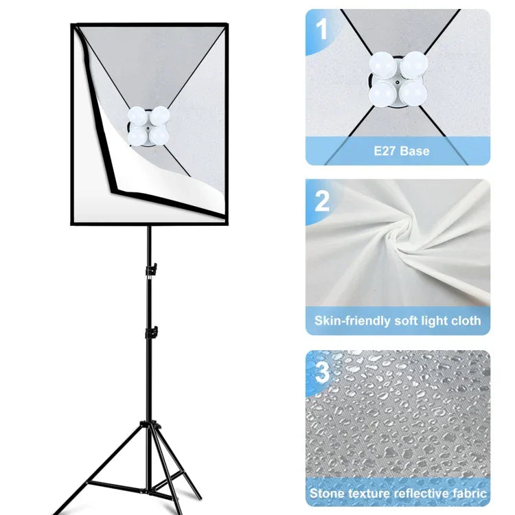 PULUZ 50x70cm スタジオソフトボックス + 2m三脚マウント + 4個 220V E27 20W 5700K 白色LED電球 写真照明キット, 4個電球 EUプラグ, 4個電球 USプラグ