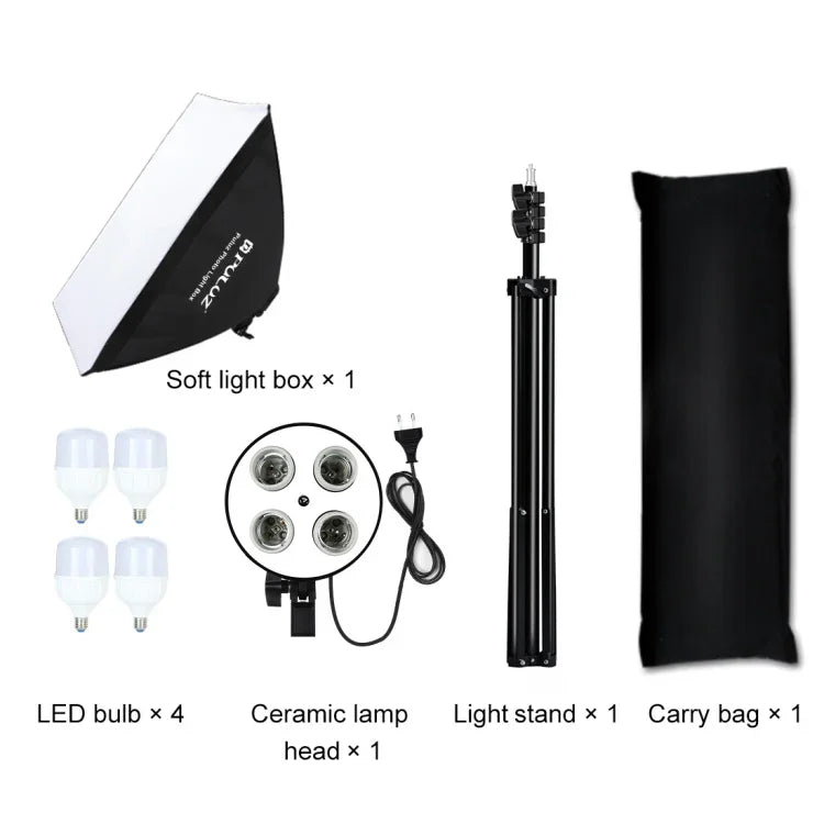 PULUZ 50x70cm スタジオソフトボックス + 2m三脚マウント + 4個 220V E27 20W 5700K 白色LED電球 写真照明キット, 4個電球 EUプラグ, 4個電球 USプラグ