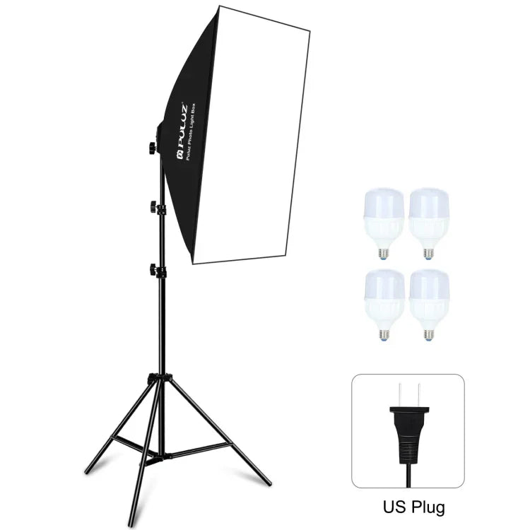 PULUZ 50x70cm スタジオソフトボックス + 2m三脚マウント + 4個 220V E27 20W 5700K 白色LED電球 写真照明キット, 4個電球 EUプラグ, 4個電球 USプラグ