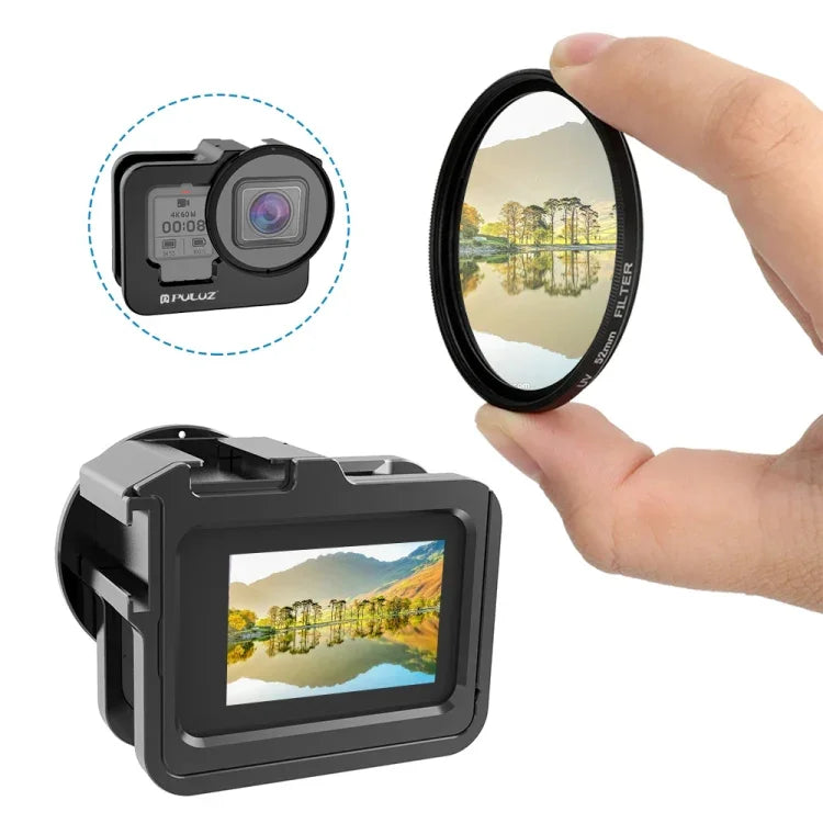 PULUZ GoPro HERO13 Black /12 Black /11 Black /10 Black /9 Black用厚手ハウジングシェル CNCアルミ合金保護ケージ 保険フレーム＆52mm UVレンズ付き、GoPro HERO9 Black用厚手