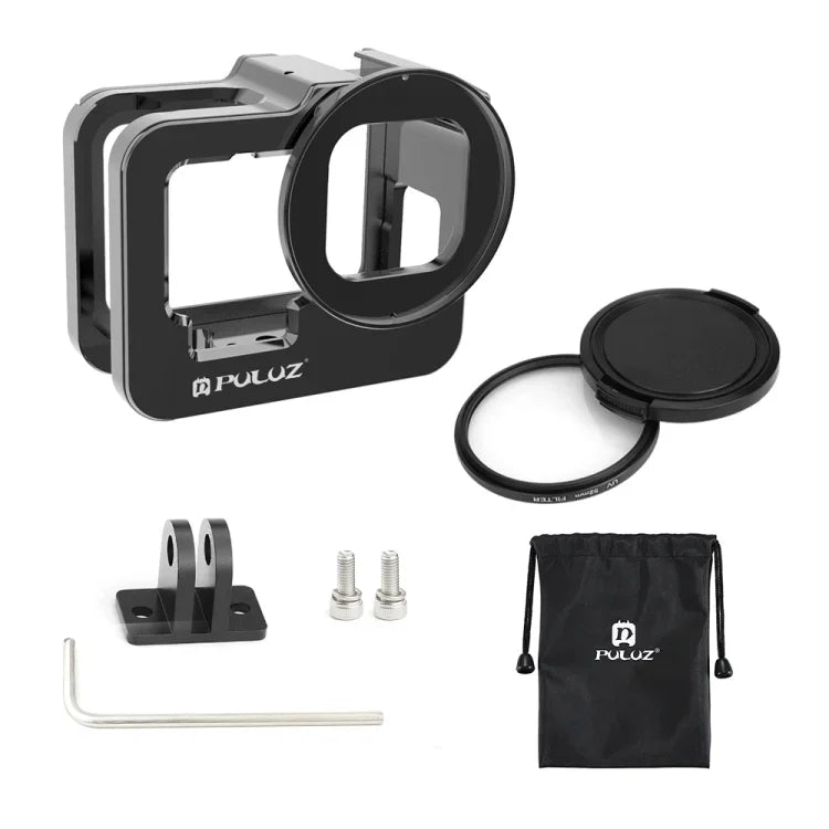 PULUZ GoPro HERO13 Black /12 Black /11 Black /10 Black /9 Black用厚手ハウジングシェル CNCアルミ合金保護ケージ 保険フレーム＆52mm UVレンズ付き、GoPro HERO9 Black用厚手