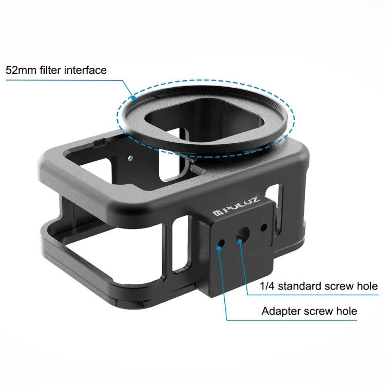 GoPro HERO13 Black /12 Black /11 Black /10 Black /9 Black用PULUZ薄型ハウジングシェル CNCアルミ合金保護ケージ 保険フレーム＆52mm UVレンズ付き、GoPro HERO9 Black用薄型