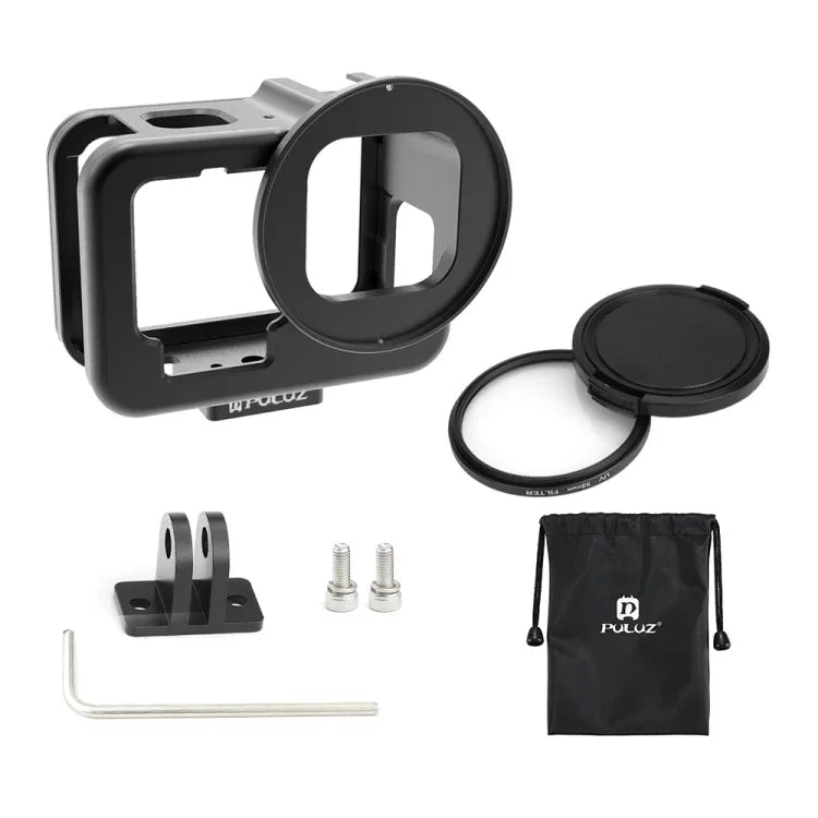 GoPro HERO13 Black /12 Black /11 Black /10 Black /9 Black用PULUZ薄型ハウジングシェル CNCアルミ合金保護ケージ 保険フレーム＆52mm UVレンズ付き、GoPro HERO9 Black用薄型