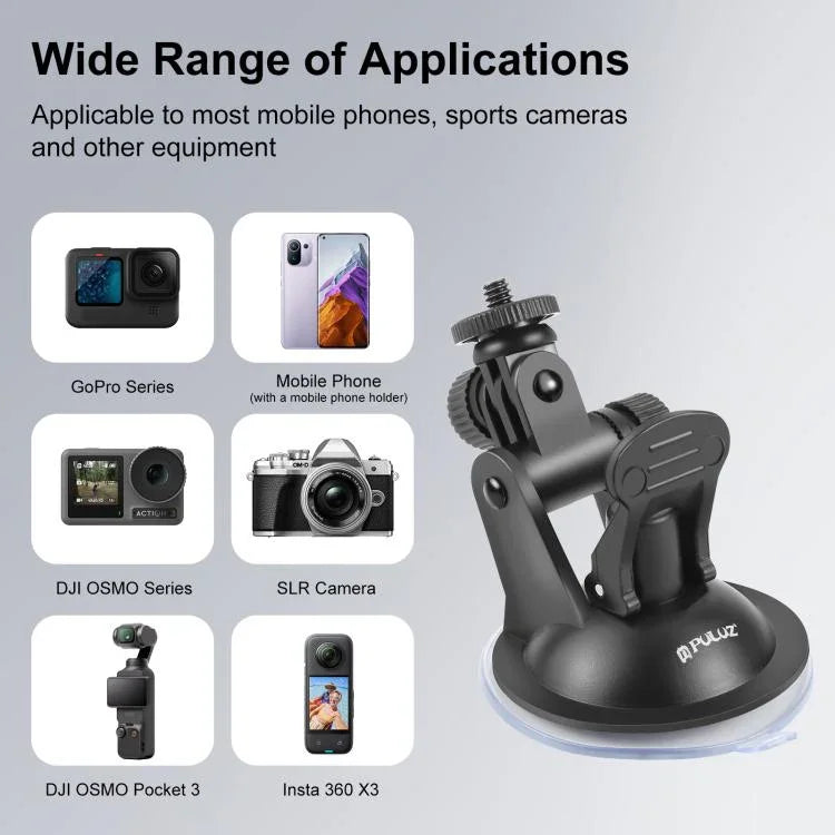 PULUZ 車用吸盤マウント ネジ＆三脚マウントアダプター＆収納バッグ付き GoPro、Insta360、DJIおよびその他アクションカメラ用, 吸盤マウント