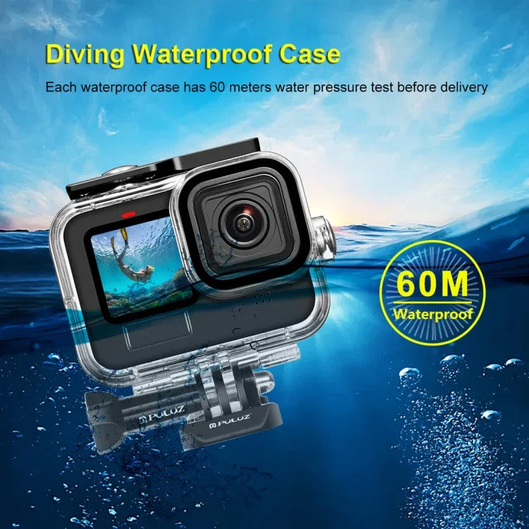 GoPro HERO13 Black /12 Black /11 Black /10 Black /9 Black用PULUZ 60m防水ハウジング保護ケース バックル付き ベーシックマウント＆ネジ、GoPro HERO9 Black用
