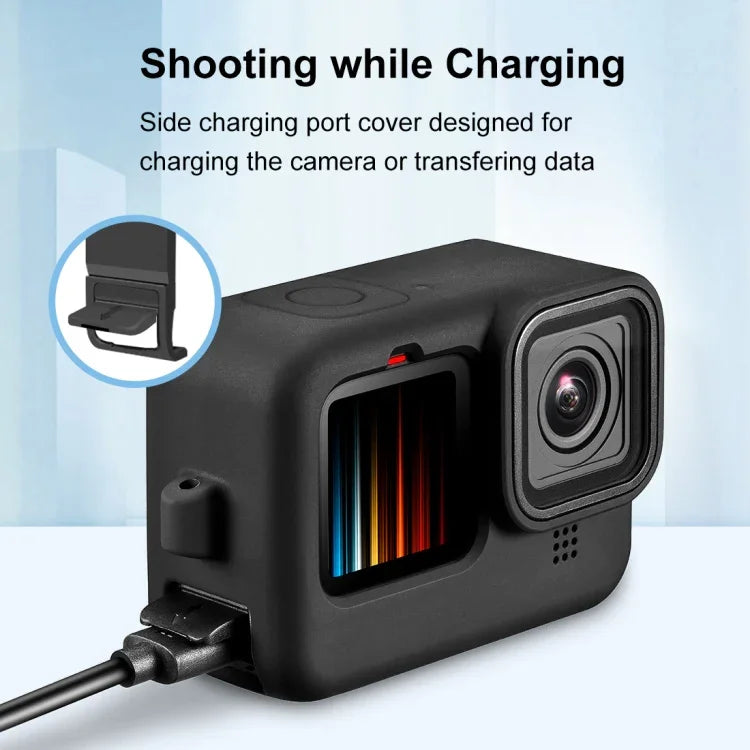 PULUZ GoPro HERO12 Black /11 Black /10 Black /9 Black用 シリコン保護ケース + POMサイドインターフェースカバー リストストラップ＆レンズカバー付き、GoPro HERO12 Black用シリコンケース＋サイドカバー
