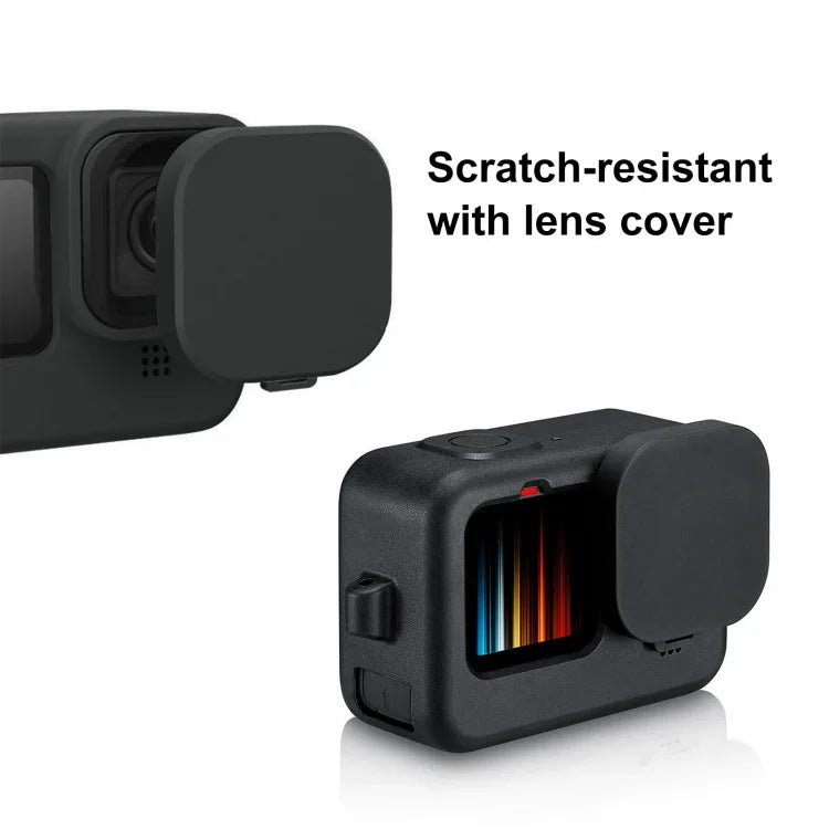 PULUZ GoPro HERO12 Black /11 Black /10 Black /9 Black用 シリコン保護ケース + POMサイドインターフェースカバー リストストラップ＆レンズカバー付き、GoPro HERO12 Black用シリコンケース＋サイドカバー