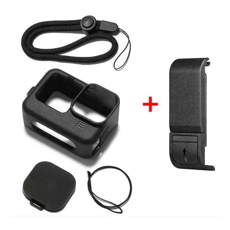 PULUZ GoPro HERO12 Black /11 Black /10 Black /9 Black用 シリコン保護ケース + POMサイドインターフェースカバー リストストラップ＆レンズカバー付き、GoPro HERO12 Black用シリコンケース＋サイドカバー