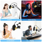 PULUZ コンデンサーマイク スタジオ放送用プロフェッショナル歌唱マイクキット サスペンションシザーアーム＆金属ショックマウント＆USBサウンドカード付属、48V電源、48Vマイクキット（金色）