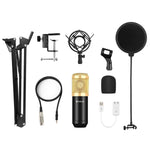 PULUZ コンデンサーマイク スタジオ放送用プロフェッショナル歌唱マイクキット サスペンションシザーアーム＆金属ショックマウント＆USBサウンドカード付属、48V電源、48Vマイクキット（金色）