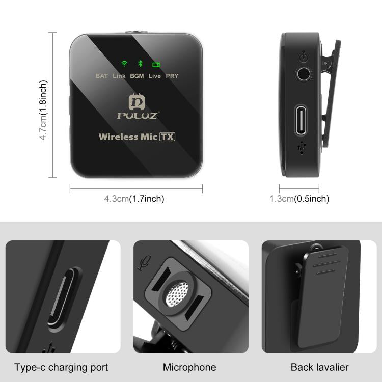PULUZ ワイヤレスラベリアマイク Type-Cスマホ用、Type-Cレシーバー、Type-C 1 TX + 1 RX