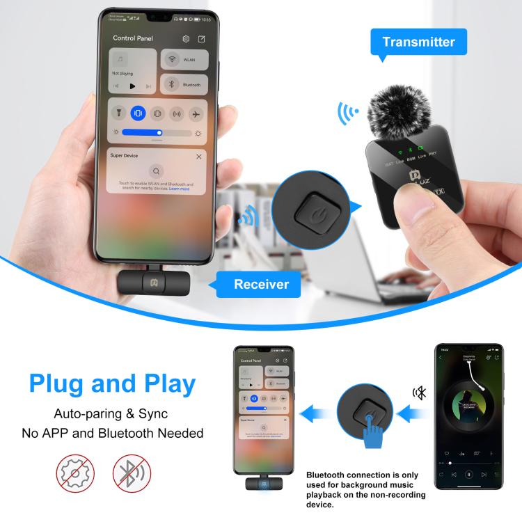 PULUZ ワイヤレスラベリアマイク Type-Cスマホ用、Type-Cレシーバー、Type-C 1 TX + 1 RX