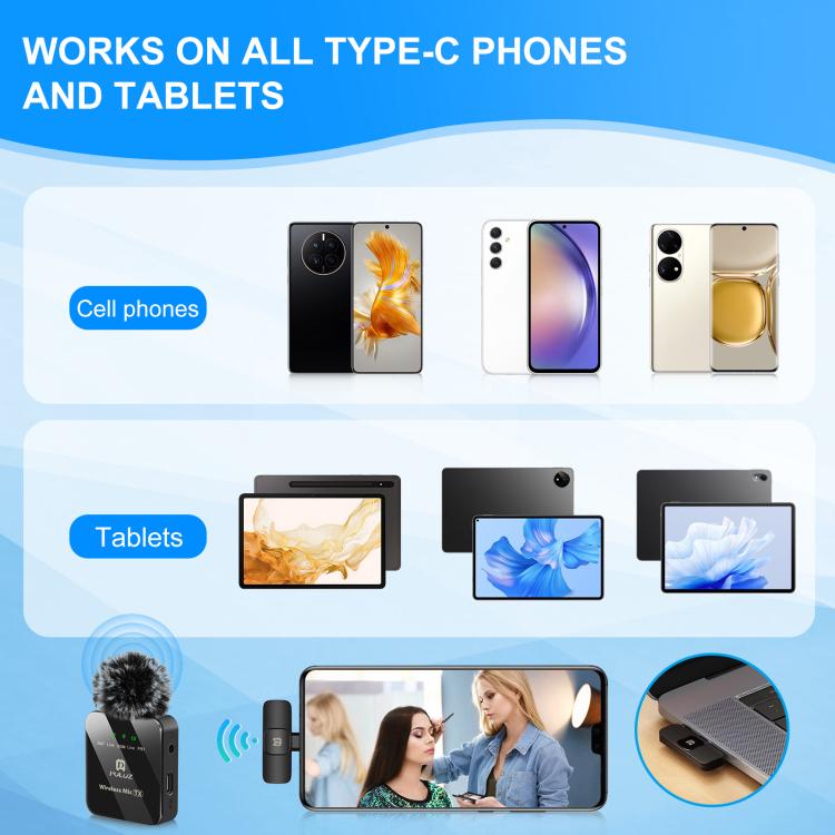 PULUZ ワイヤレスラベリアマイク Type-Cスマホ用、Type-Cレシーバー、Type-C 1 TX + 1 RX