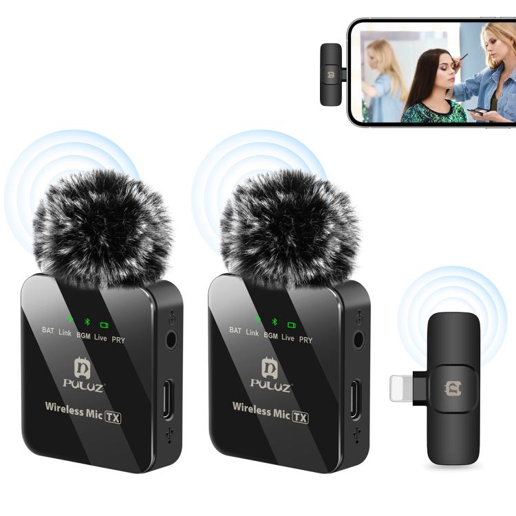 PULUZ ワイヤレスラベリアマイク iPhone / iPad用、8ピンレシーバーとデュアルマイク、8ピン 2 TX + 1 RX