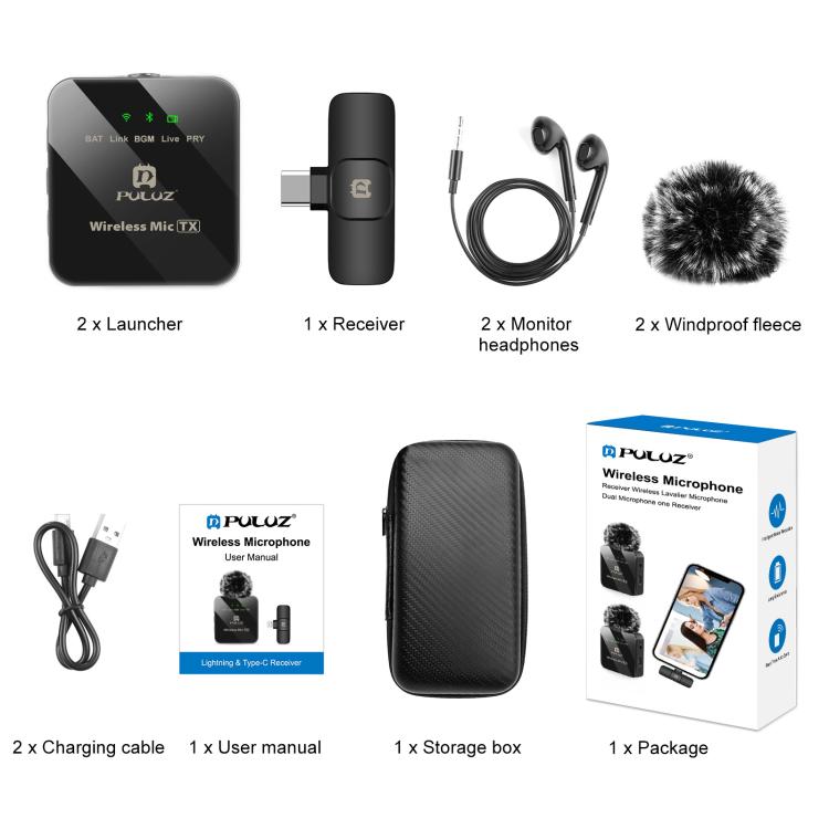 PULUZ ワイヤレスラベリアマイク Type-Cスマホ用、Type-Cレシーバーとデュアルマイク、Type-C 2 TX + 1 RX