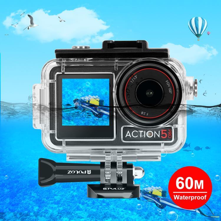 DJI Osmo Action 5 Pro / 3 / 4用 PULUZ 60m防水水中ハウジング ダイビングケース コールドシュー＆バックル付きベーシックマウント＆ネジ付き、DJI Osmo Action 3 / 4防水ケース用