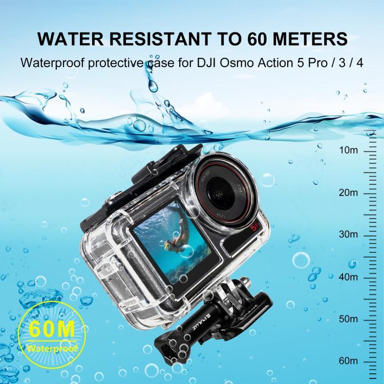 DJI Osmo Action 5 Pro / 3 / 4用 PULUZ 60m防水水中ハウジング ダイビングケース コールドシュー＆バックル付きベーシックマウント＆ネジ付き、DJI Osmo Action 3 / 4防水ケース用