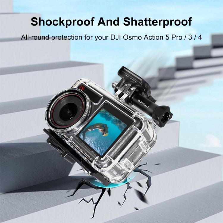 DJI Osmo Action 5 Pro / 3 / 4用 PULUZ 60m防水水中ハウジング ダイビングケース コールドシュー＆バックル付きベーシックマウント＆ネジ付き、DJI Osmo Action 3 / 4防水ケース用
