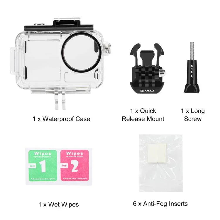 DJI Osmo Action 5 Pro / 3 / 4用 PULUZ 60m防水水中ハウジング ダイビングケース コールドシュー＆バックル付きベーシックマウント＆ネジ付き、DJI Osmo Action 3 / 4防水ケース用