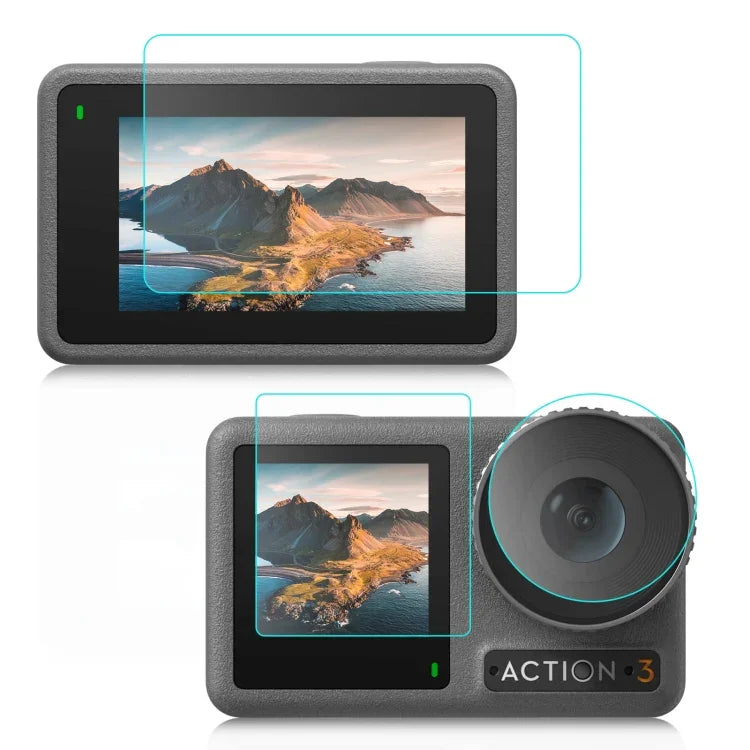 DJI Osmo Action 3用 PULUZ 3-in-1 レンズ前面および背面スクリーン強化ガラス防爆フィルム、DJI Osmo Action 3対応