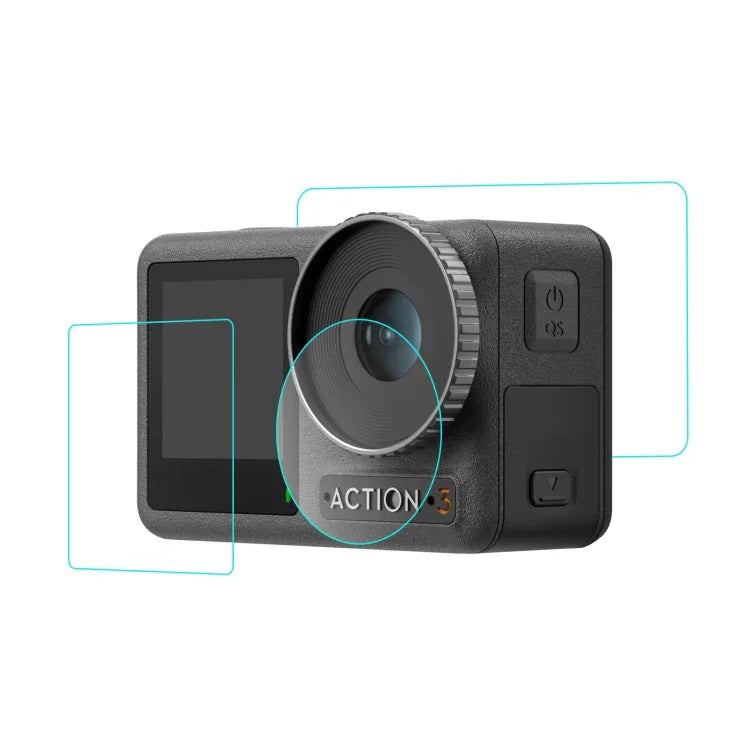 DJI Osmo Action 3用 PULUZ 3-in-1 レンズ前面および背面スクリーン強化ガラス防爆フィルム、DJI Osmo Action 3対応