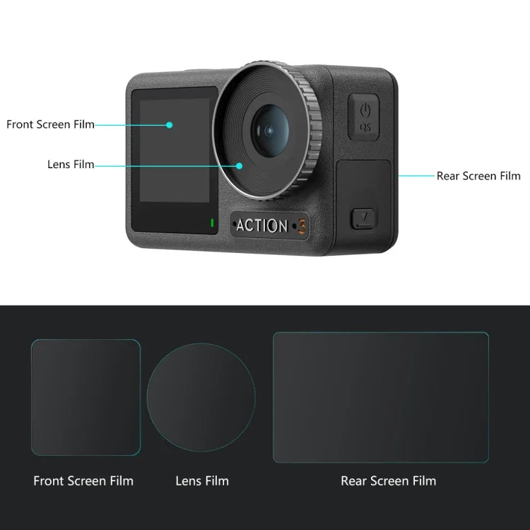 DJI Osmo Action 3用 PULUZ 3-in-1 レンズ前面および背面スクリーン強化ガラス防爆フィルム、DJI Osmo Action 3対応