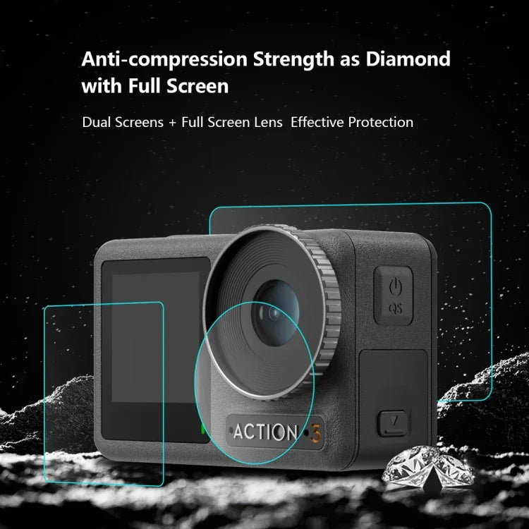 DJI Osmo Action 3用 PULUZ 3-in-1 レンズ前面および背面スクリーン強化ガラス防爆フィルム、DJI Osmo Action 3対応