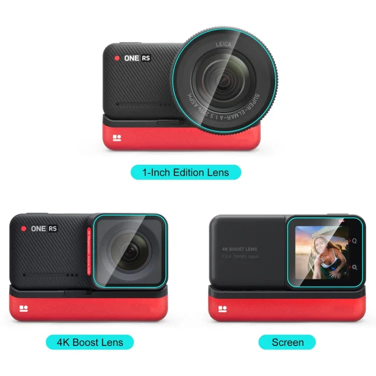 Insta360 One RS用 PULUZ 3-in-1スクリーン＋4Kレンズ＋ライカレンズ強化ガラスフィルム、Insta360 One RS用