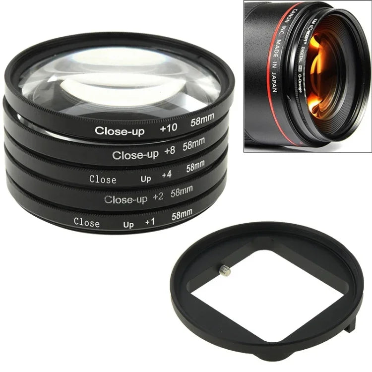 6in1 58mm クローズアップレンズフィルター マクロレンズフィルター＋フィルターアダプターリング GoPro HERO3用、6in1 58mm