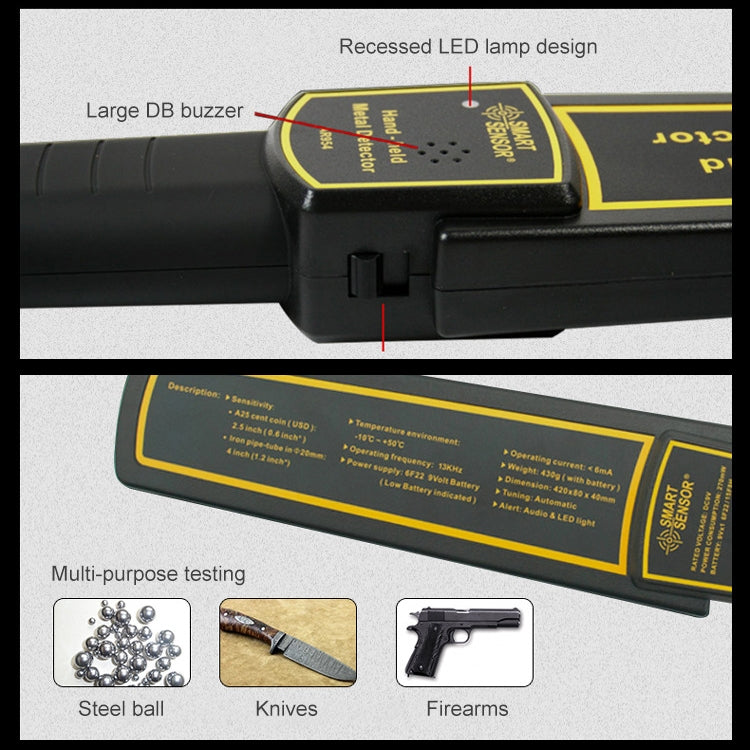 AR954 ハンドヘルドセキュリティ金属探知機、検出距離：60mm、AR954