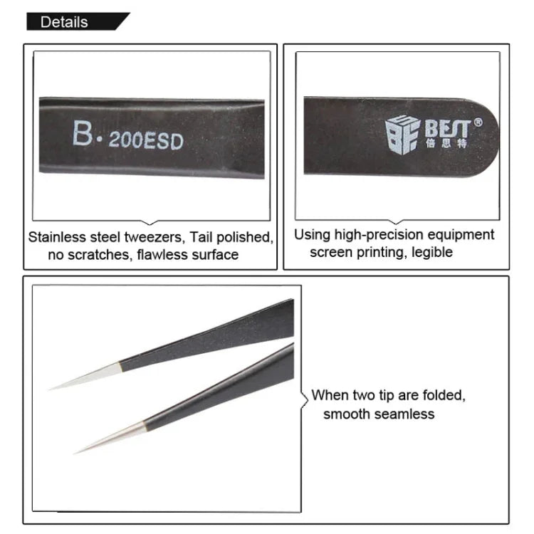 BEST BST-200ESD 202 ステンレス製静電気防止先端ピンセット、BST-200ESD