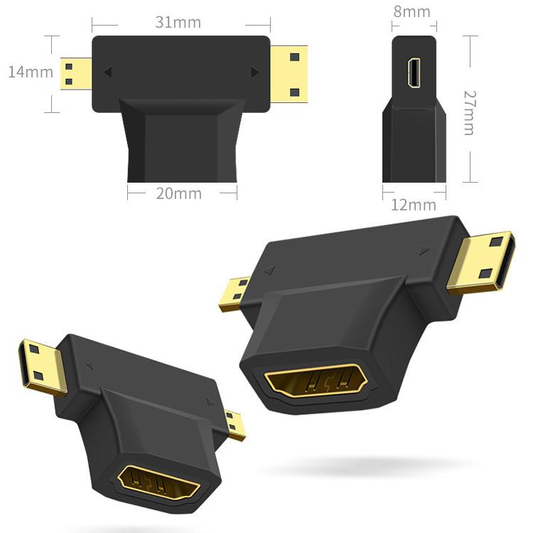 3-in-1 HDMIメスからミニHDMIオス＋マイクロHDMIオスアダプター、HDMIメスからミニHDMI＋マイクロHDMI