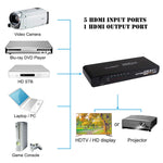 5ポート フルHD 1080P HDMIスイッチ スイッチ＆リモコン付き、1.3バージョン（5ポートHDMI入力、1ポートHDMI出力）、1.3バージョン