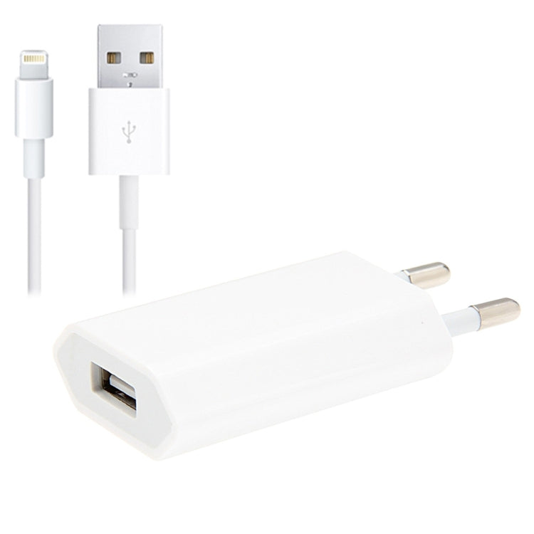 2-in-1 5V 1A EUプラグ トラベル充電アダプター 1m 8ピンケーブル付き iPhone用