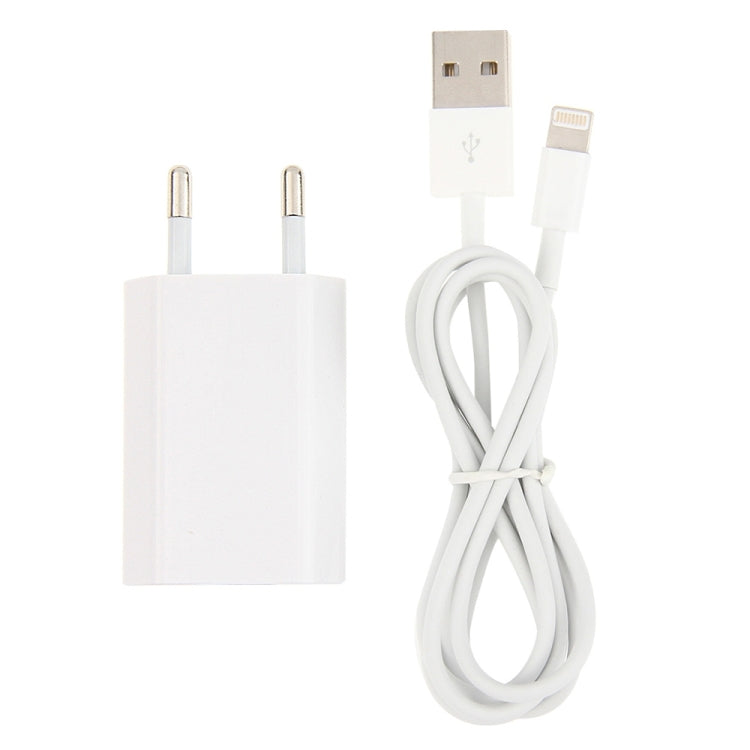 2-in-1 5V 1A EUプラグ トラベル充電アダプター 1m 8ピンケーブル付き iPhone用