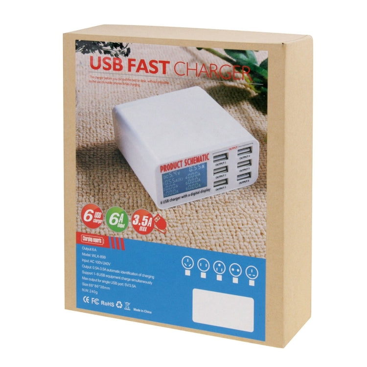 WLX-899 30W USB充電器 5V 6A出力 最大3.5A 高速6ポートUSB充電器 デジタル表示＆1.5mケーブル付き、WLX-899
