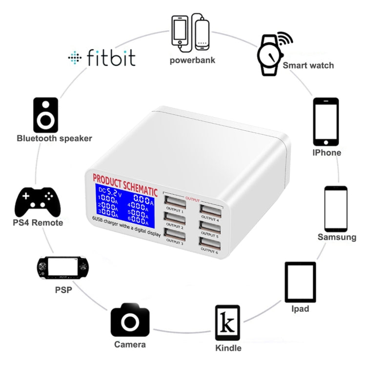 WLX-899 30W USB充電器 5V 6A出力 最大3.5A 高速6ポートUSB充電器 デジタル表示＆1.5mケーブル付き、WLX-899
