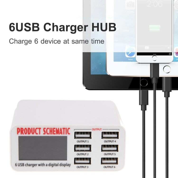 WLX-899 30W USB充電器 5V 6A出力 最大3.5A 高速6ポートUSB充電器 デジタル表示＆1.5mケーブル付き、WLX-899