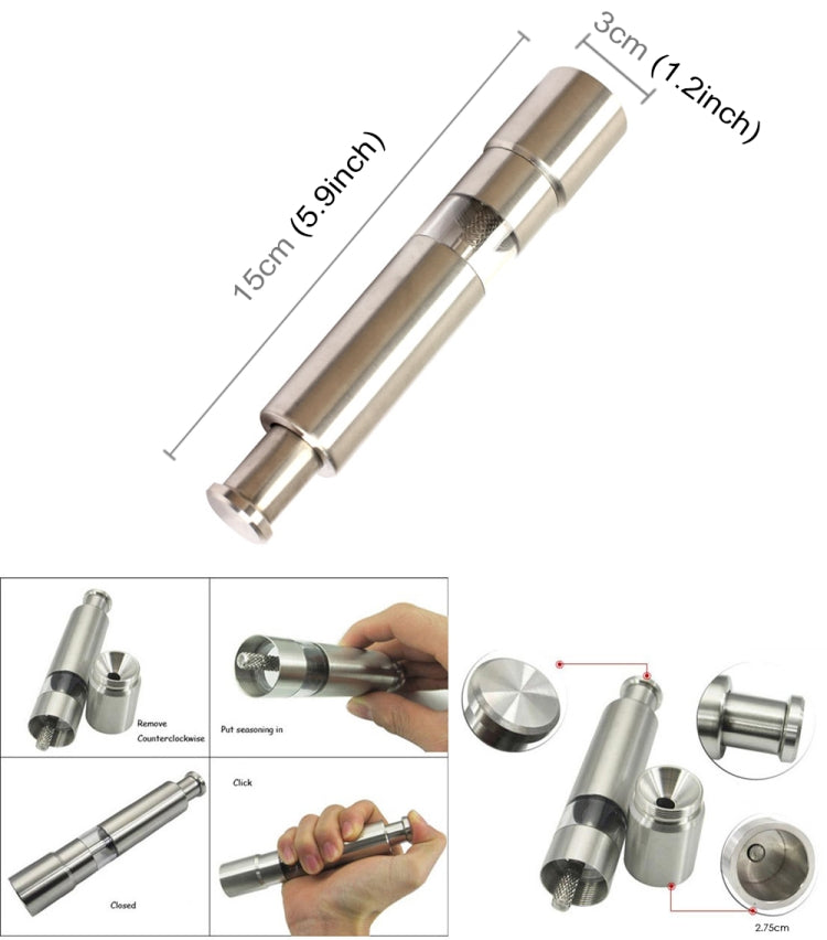 304ステンレス製塩胡椒グラインダー／ミル、15x3cm
