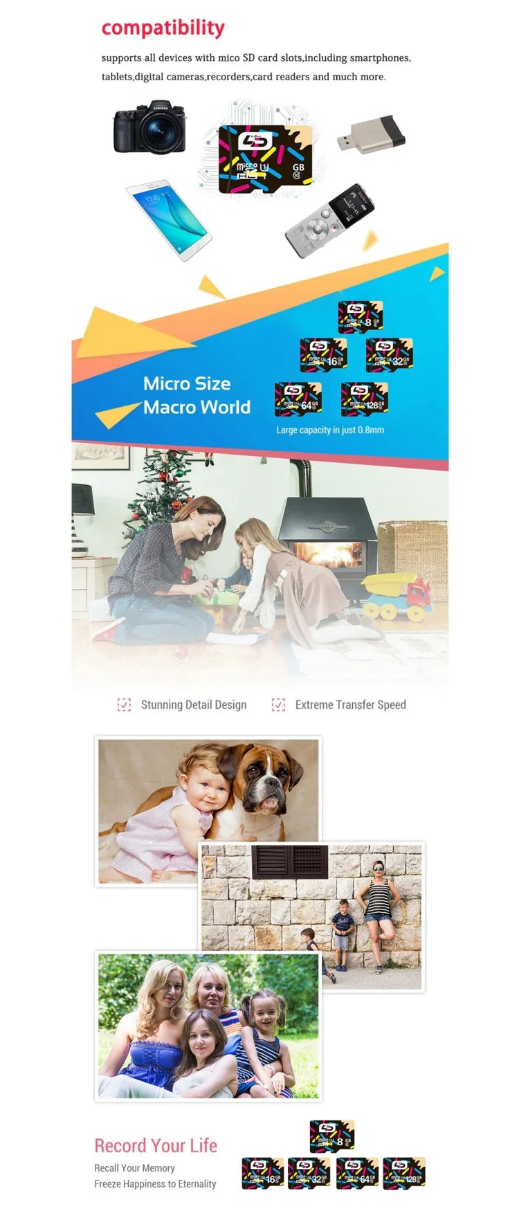 LD高速クラス10 TF/Micro SDXC UHS-1(U1)メモリーカード、16GB、32GB、64GB、128GB