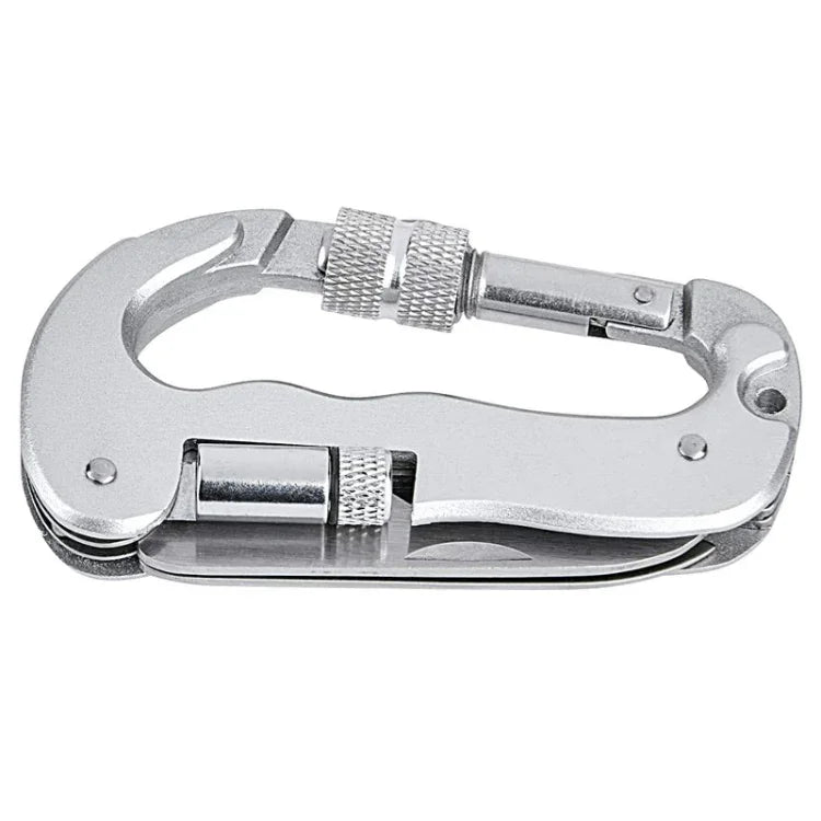 Heavy Duty D Shape Carabiner Clip-On Clamp Key Chain Hook with Dual Knife & LED Torch, D Shape + Knife