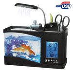 USBデスクトップ水槽 ミニ魚タンク 流水付き 6LEDライト搭載、LCD時計表示 カレンダー、時間、アラーム機能付き（水容量1.5クォート）