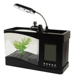 USBデスクトップ水槽 ミニ魚タンク 流水付き 6LEDライト搭載、LCD時計表示 カレンダー、時間、アラーム機能付き（水容量1.5クォート）