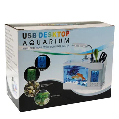 USBデスクトップ水槽 ミニ魚タンク 流水付き 6LEDライト搭載、LCD時計表示 カレンダー、時間、アラーム機能付き（水容量1.5クォート）