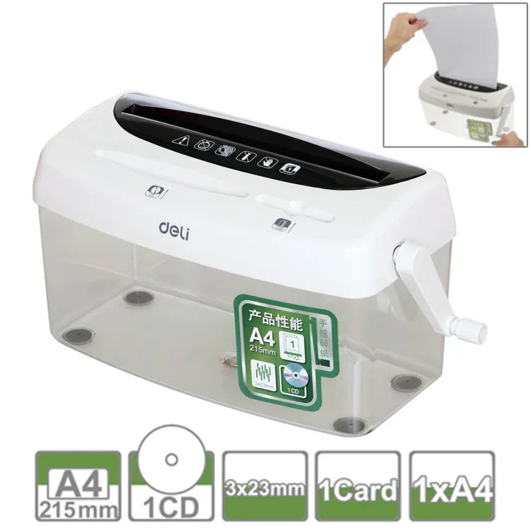 Deli オフィスシリーズ 手動クランク式 A4/CD/カード用 卓上シュレッダー、廃棄物容量：4L（No. 9935）、No. 9935