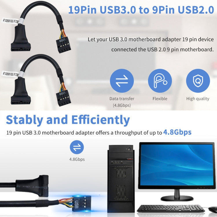 USB 2.0 9ピン マザーボードメスからUSB 3.0 19ピンハウジングオスアダプターケーブル、長さ：15cm、9ピンメスから19ピンオス