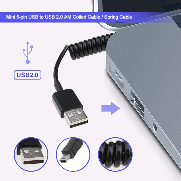 ミニ5ピンUSBからUSB 2.0 AMコイルケーブル／スプリングケーブル、長さ：25cm（最大80cmまで伸長可能）、ミニUSBからUSB AM、長さ：80cm
