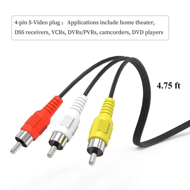 4ピン S-Video to 3 RCA AV TV オスケーブルコンバーターアダプター、長さ: 1.5M、S-Video to AV 3RCA オス